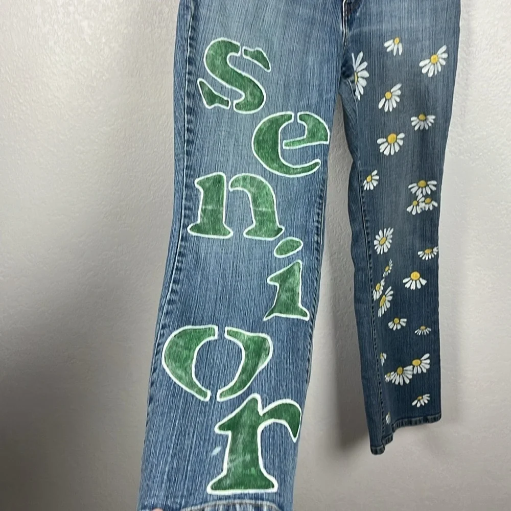 Levis Relaxed Boot Blue Jeans Womens Hand Painted Green White Floral Sz 10 Short